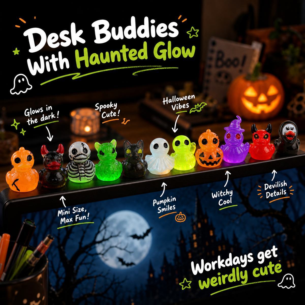 Gotische Halloween-spookeend Van Hars, Met Een Lichtgevend Duivelsschedelontwerp, Een Schattige Griezelige Eend Als Bureaudecoratie, Een Creatieve Glow-in-the-dark Tafeldecoratie Voor Thuis, Op Kantoor Of Op Een Plank. - SokkenFoto