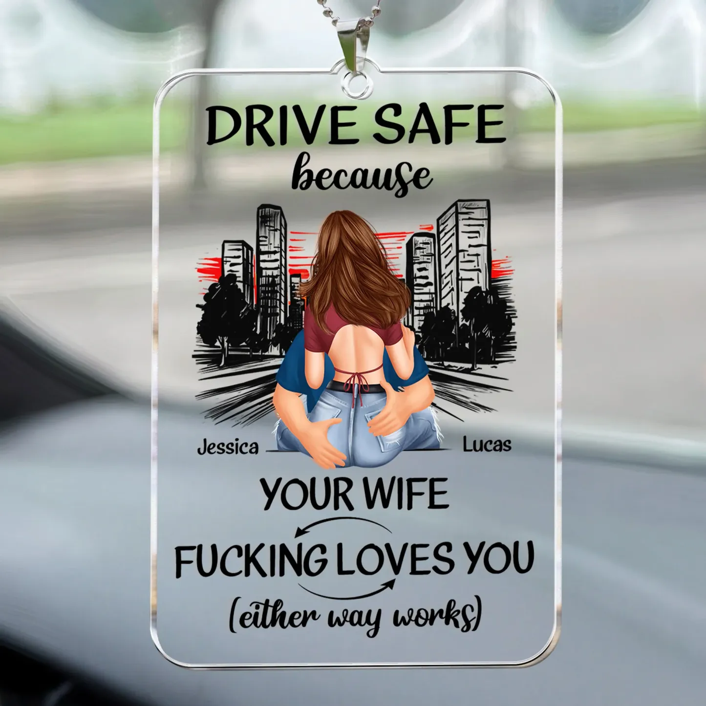 Gepersonaliseerde Achteruitkijkspiegelaccessoire Rij Veilig Omdat Je Vrouw Van Je Houdt - SokkenFoto