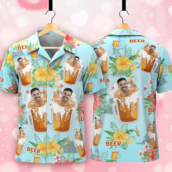 Aangepaste Gezicht Hawaiian Shirt Bier Print Gepersonaliseerde Aloha Beach Shirt Partij Cadeau Voor Mannen