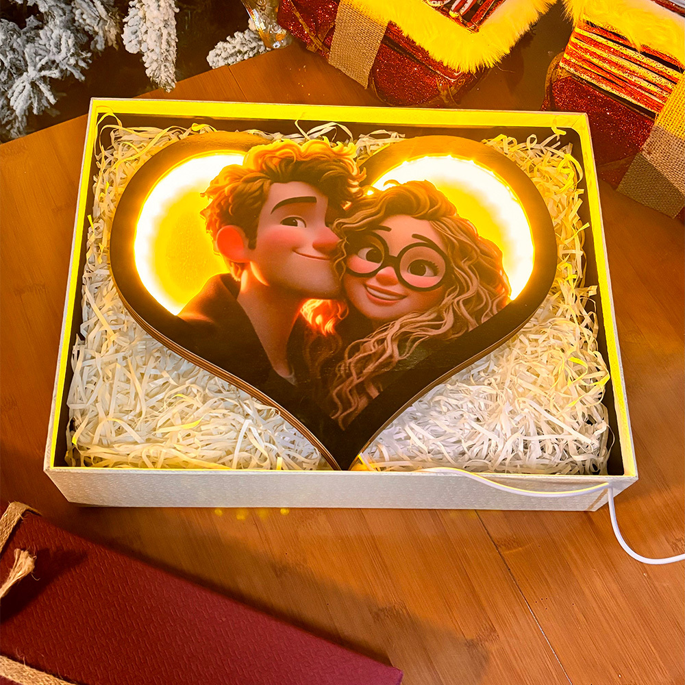 Valentijnsdagcadeaus Gepersonaliseerde Hartfoto Cartoon Portretframe Met Led - SokkenFoto