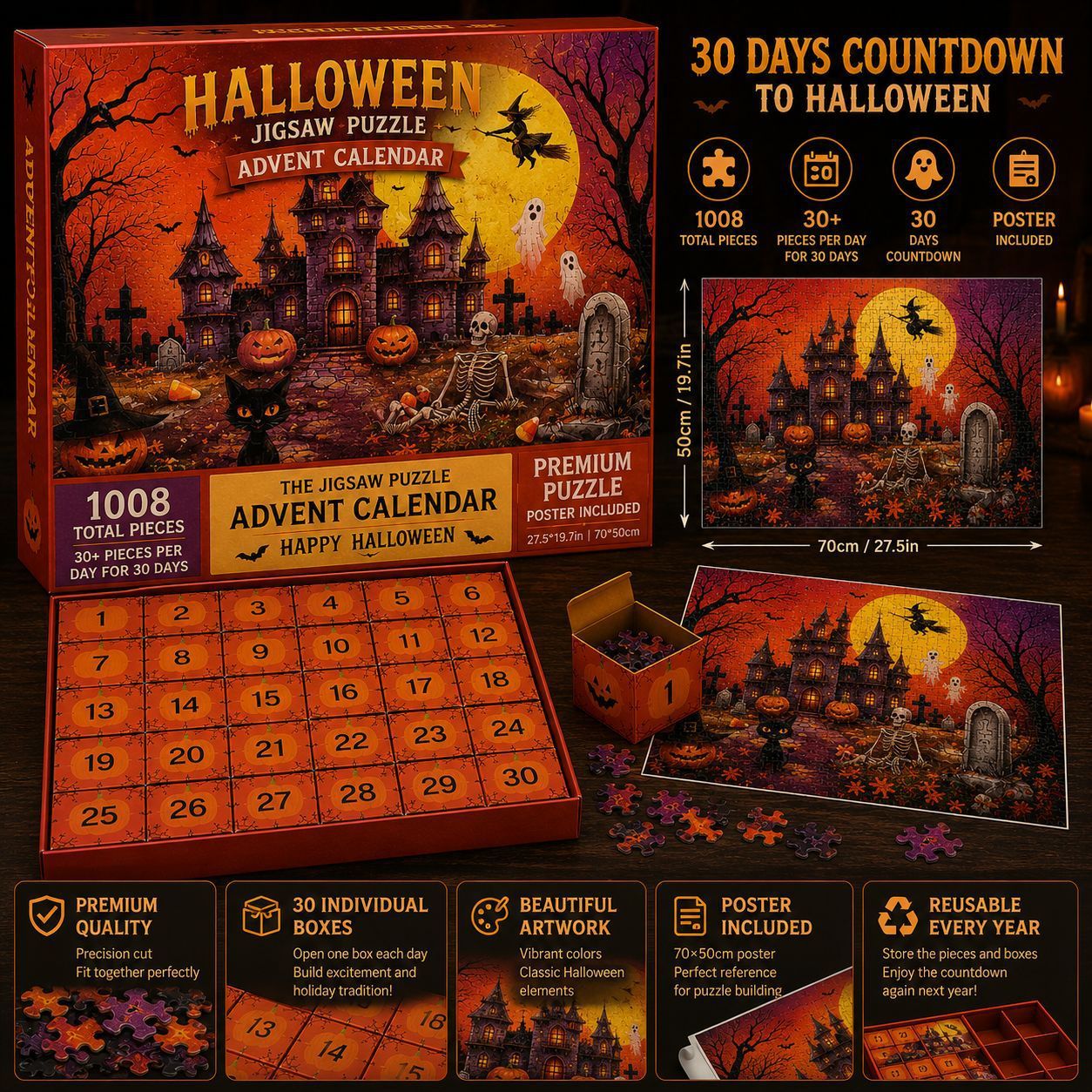 Grensoverschrijdende Halloween 30-dagen Aftelpuzzeldoos Met Spookhuispuzzel - SokkenFoto