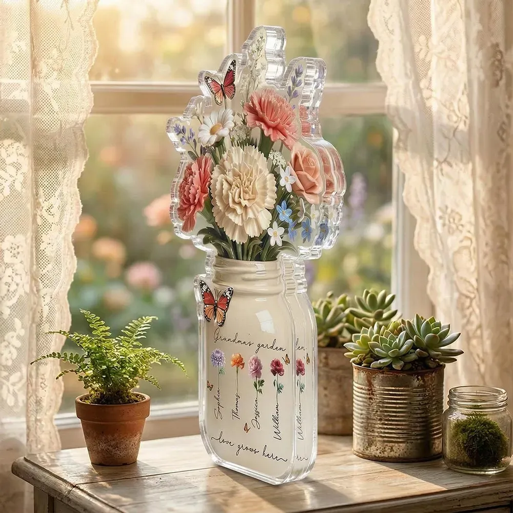 Gepersonaliseerde Acrylplaat In De Vorm Van Een Bloempot Met De Afbeelding Van Oma's Tuin, Een Uniek Moederdagcadeau Voor Oma. - SokkenFoto