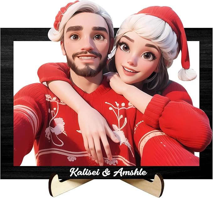 Valentijnsdag Geschenken Gepersonaliseerde Cartoon Stijl 3d Foto Houten Frame Teken, Aangepaste Familie Foto 3d Cartoon Portret Cadeau Komische Fotolijst, Huwelijksverjaardag Kerstpaar Cadeau - SokkenFoto
