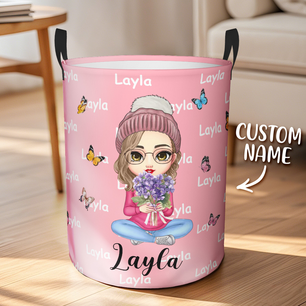 Personalized Butterfly Storage Basket Cartoon Character Birth Flower Name Laundry Basket