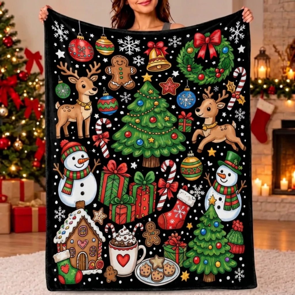 DIY Drawing Christmas Elements Blanket - Christmas Tree, Reindeer, Snowman & Gingerbread Holiday Art Blanket