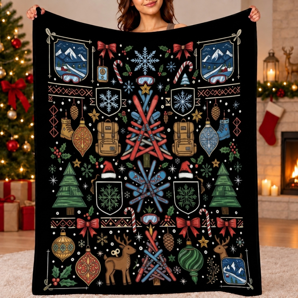 DIY Drawing Christmas Elements Blanket - Christmas Tree, Reindeer, Snowman & Gingerbread Holiday Art Blanket