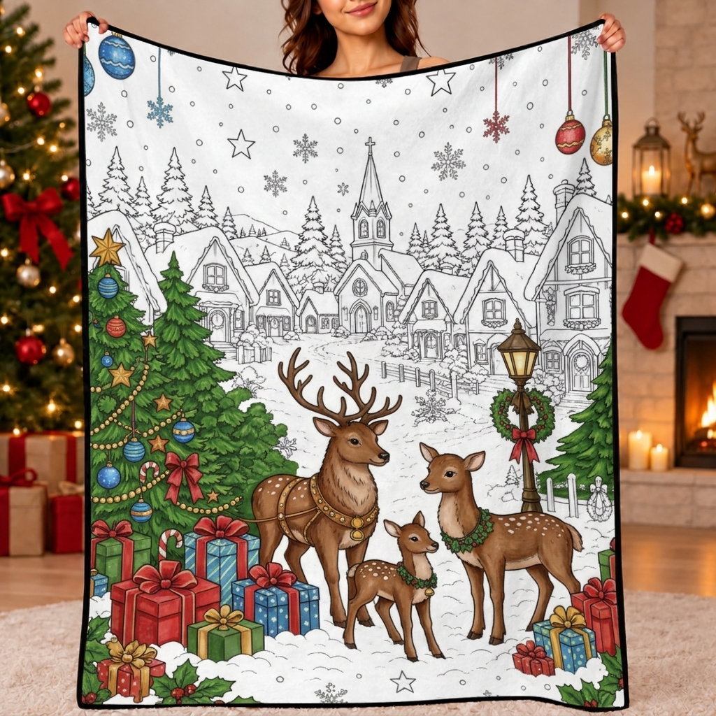 DIY Drawing Christmas Elements Blanket - Christmas Tree, Reindeer, Snowman & Gingerbread Holiday Art Blanket
