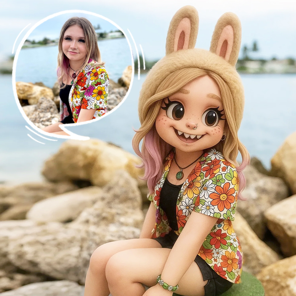 Cute Bunny Girl 3D Cartoon Figure with Colorful Floral Summer Outfit