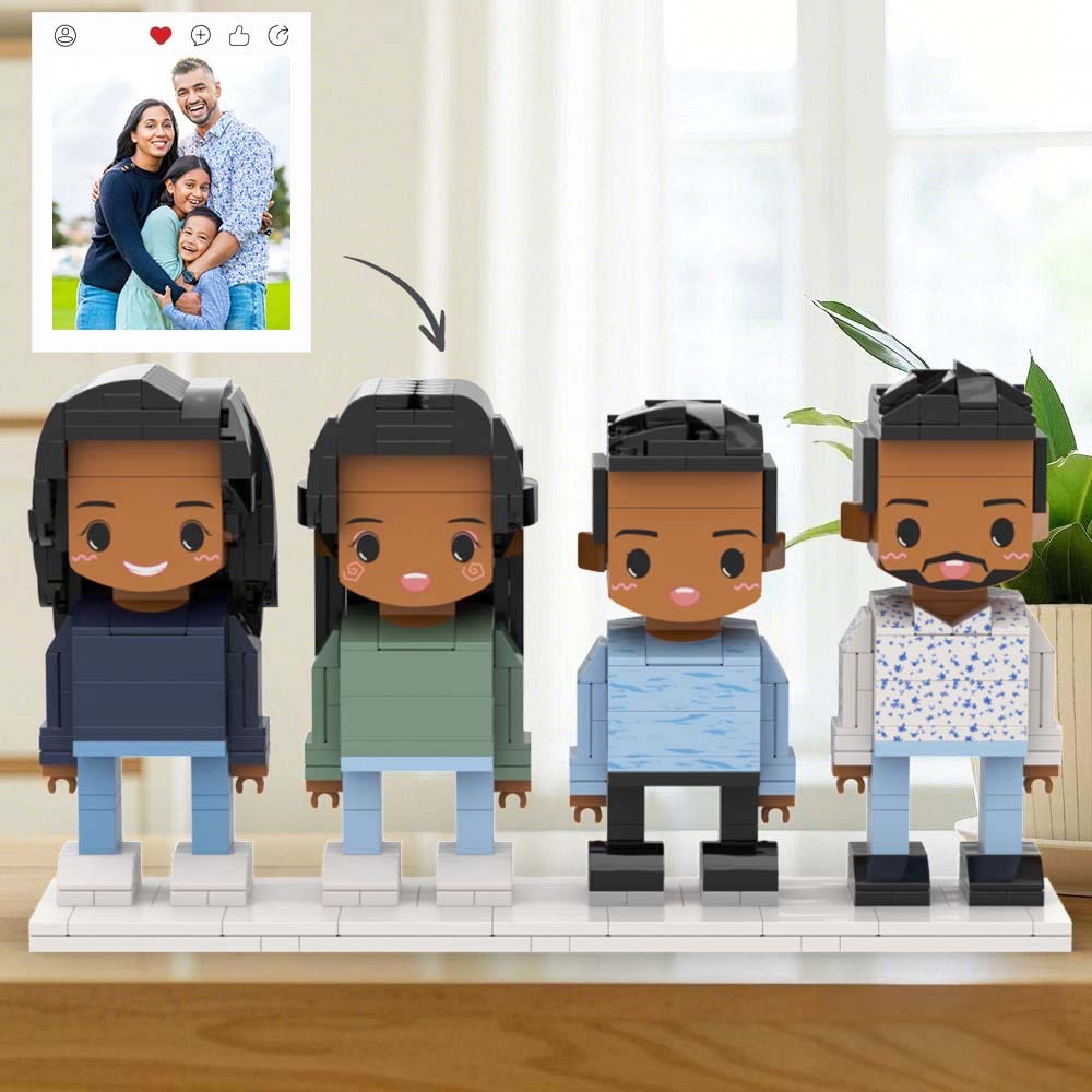Customizable 4 People Cute Face Custom Brick Figures Full Body Universal Interlocking Plastic Toy Gift For Family - Get Photo Blanket