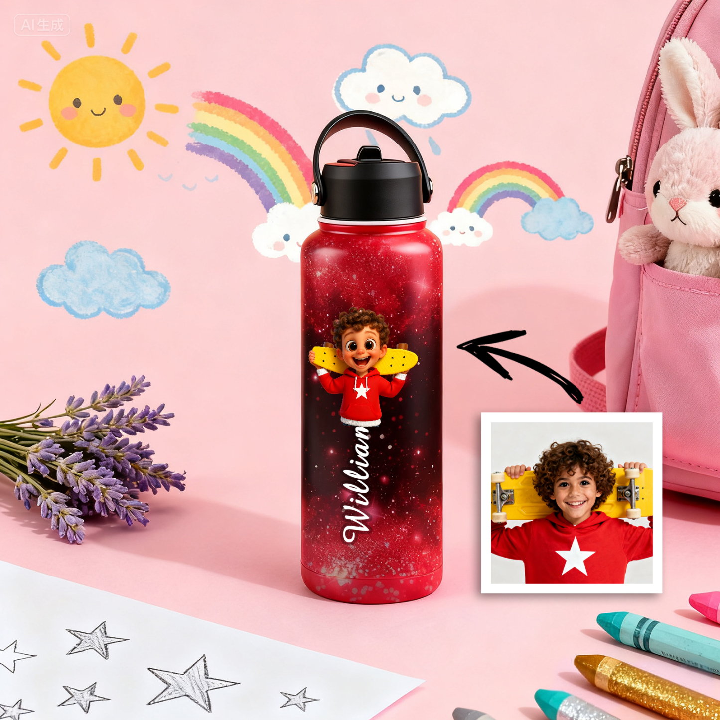 Custom Cartoon Water Bottle with Personalized Portrait & Name | Unique Gift for Kids & Teens - Get Photo Blanket