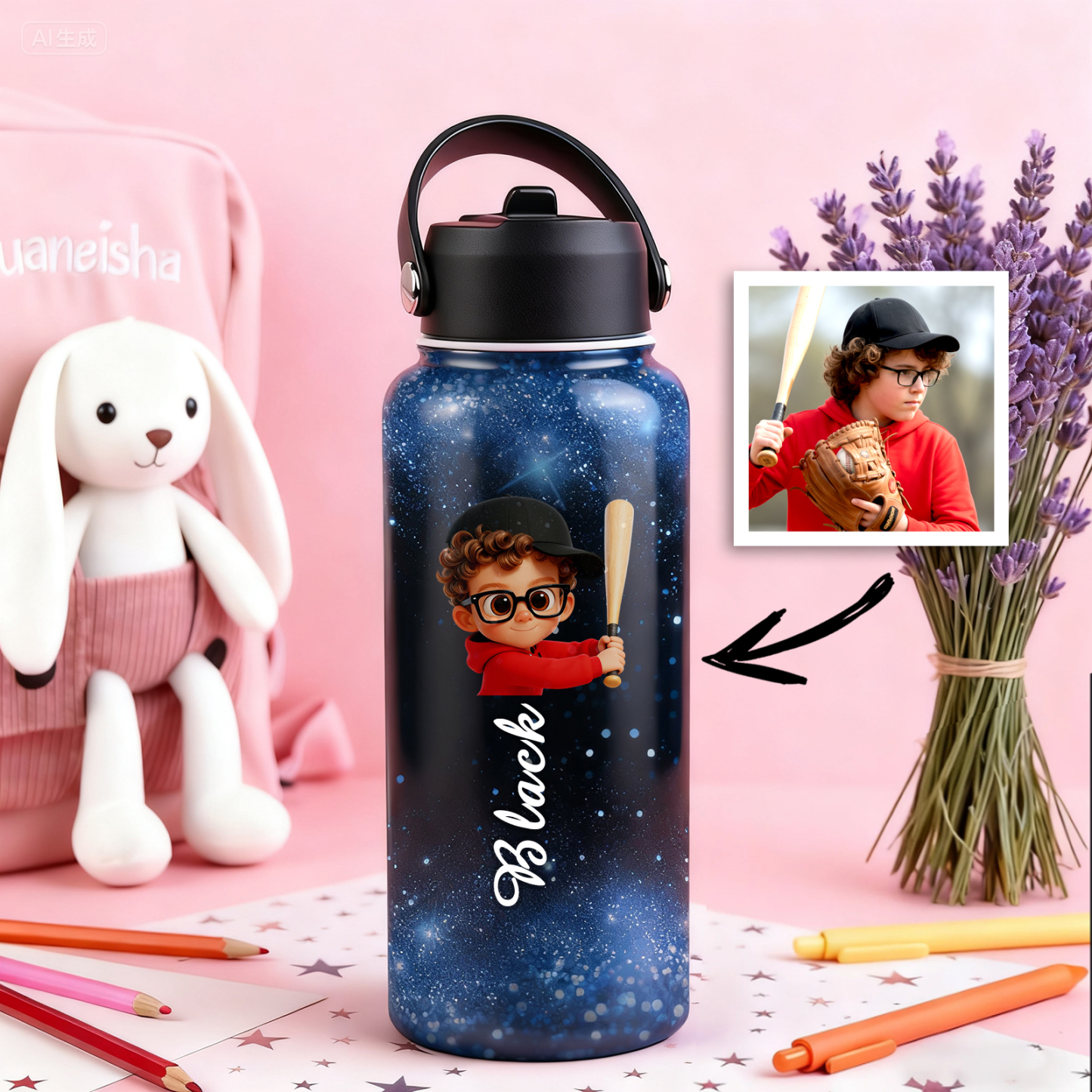 Custom Cartoon Water Bottle with Personalized Portrait & Name | Unique Gift for Kids & Teens - Get Photo Blanket