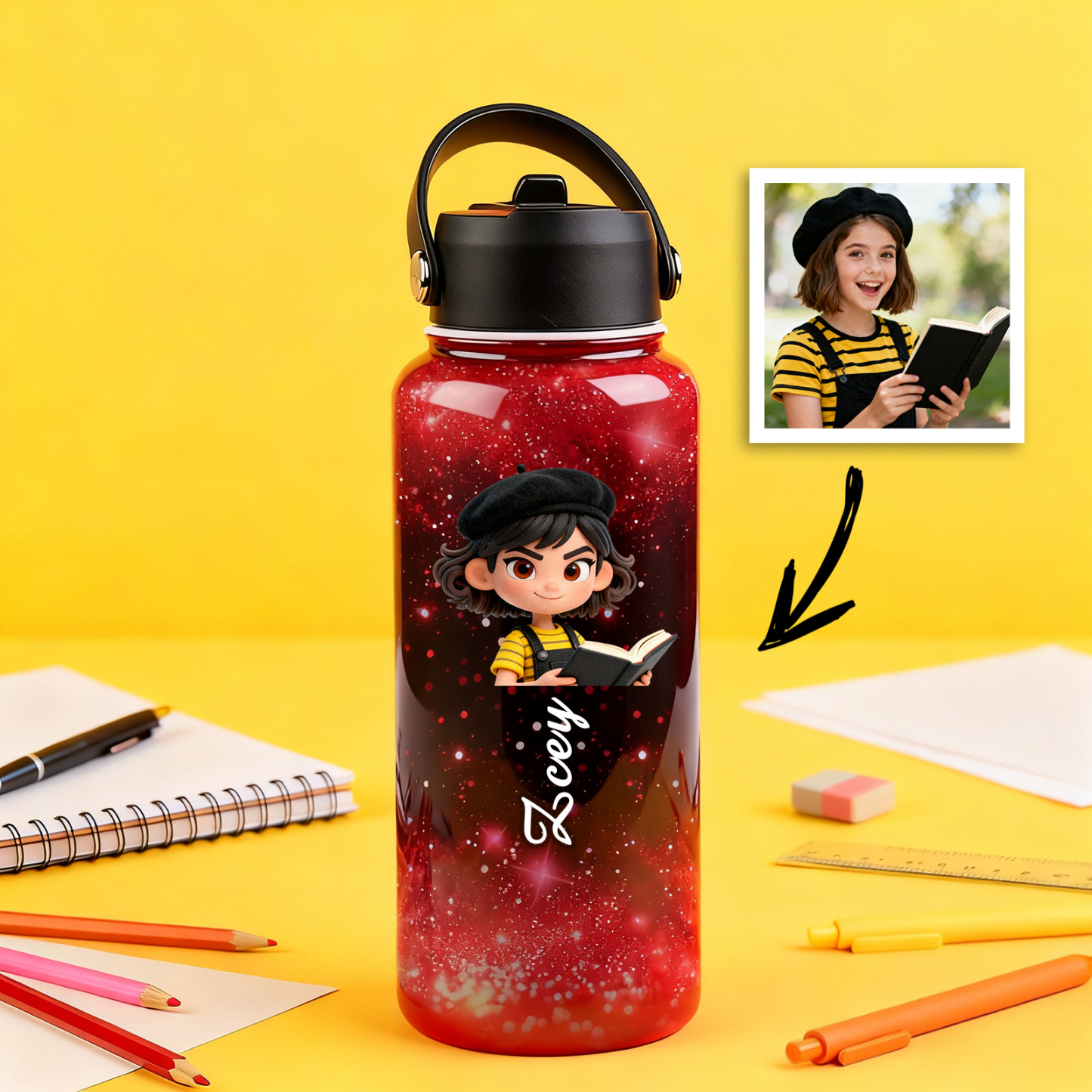 Custom Cartoon Water Bottle with Personalized Portrait & Name | Unique Gift for Kids & Teens - Get Photo Blanket