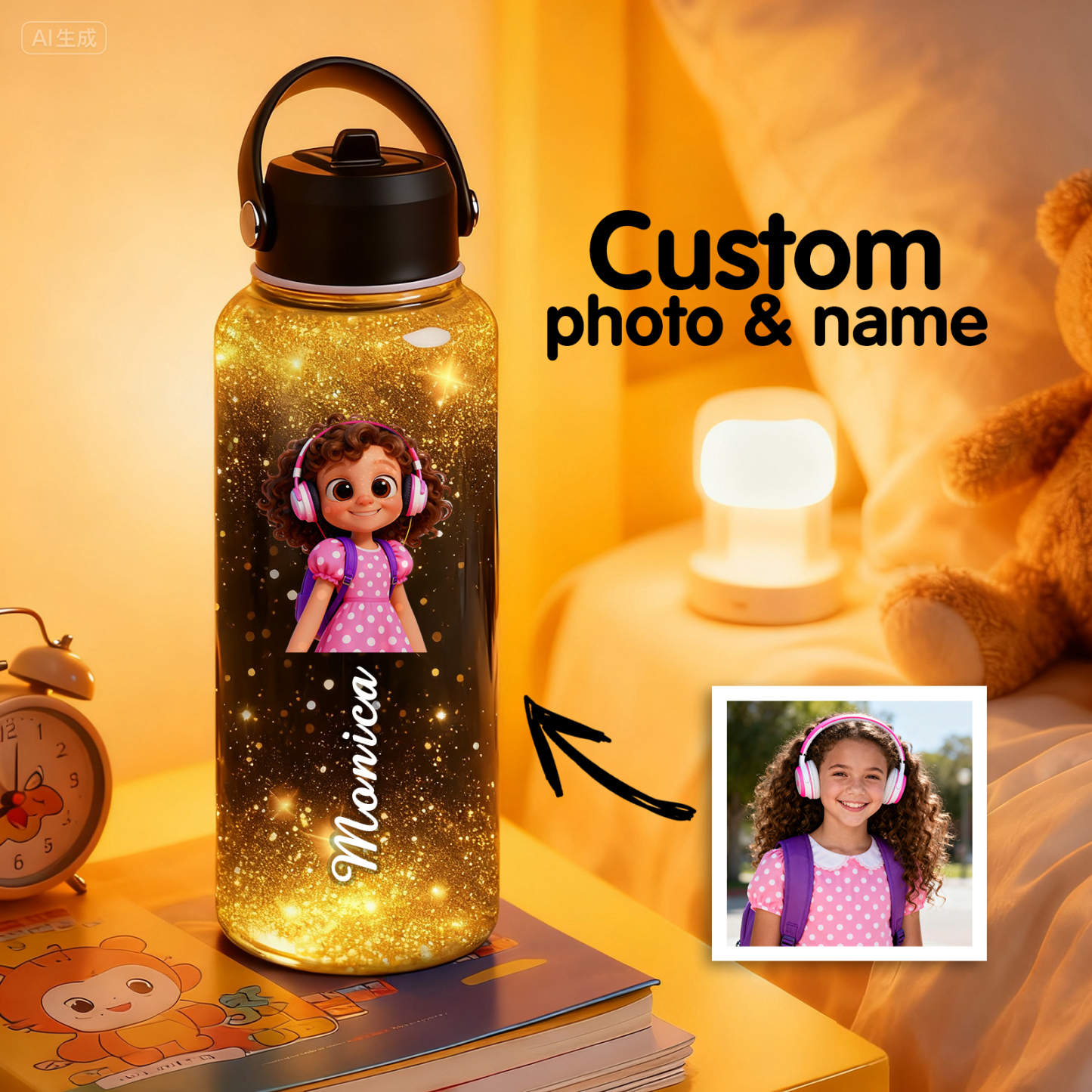 Custom Cartoon Water Bottle with Personalized Portrait & Name | Unique Gift for Kids & Teens - Get Photo Blanket