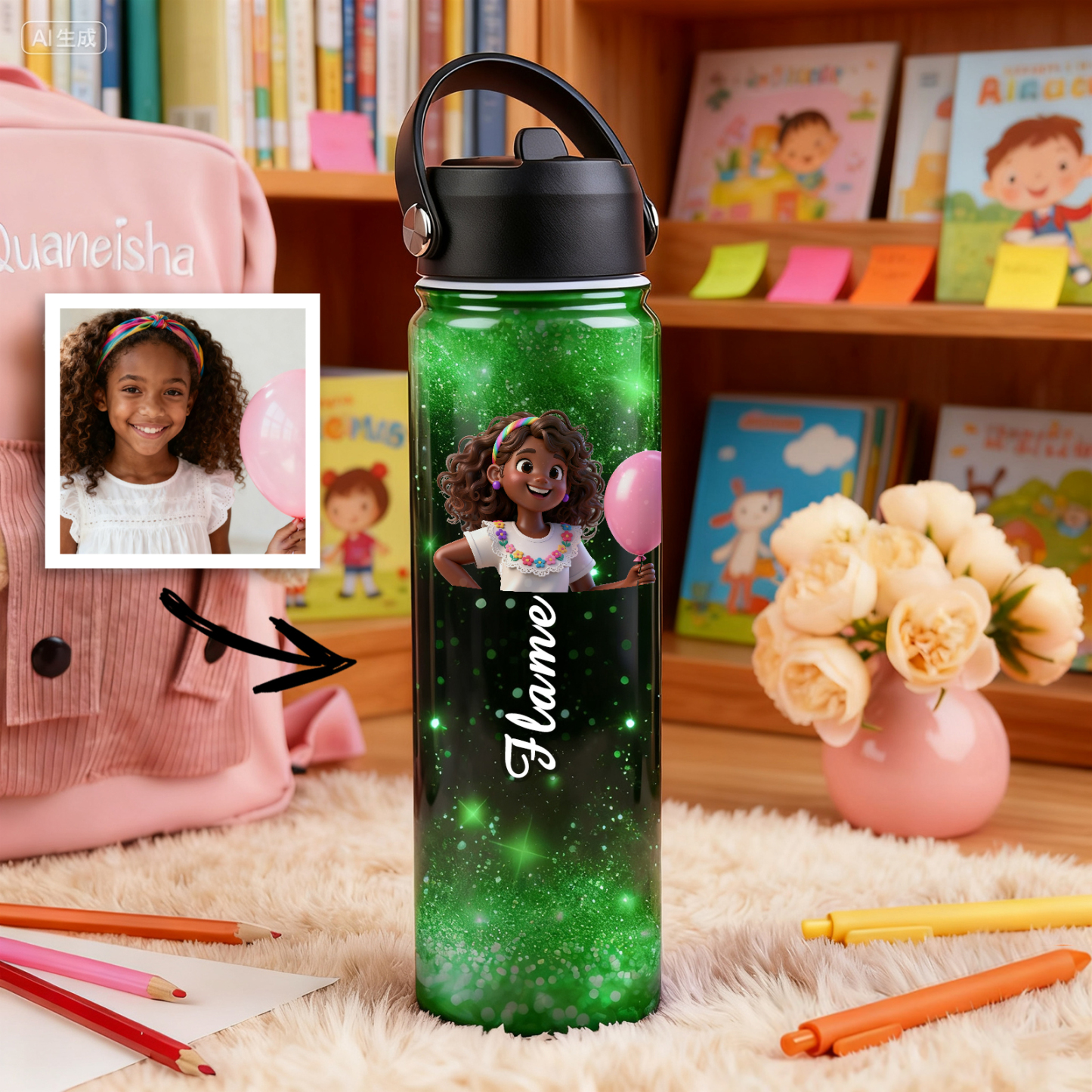 Custom Cartoon Water Bottle with Personalized Portrait & Name | Unique Gift for Kids & Teens - Get Photo Blanket