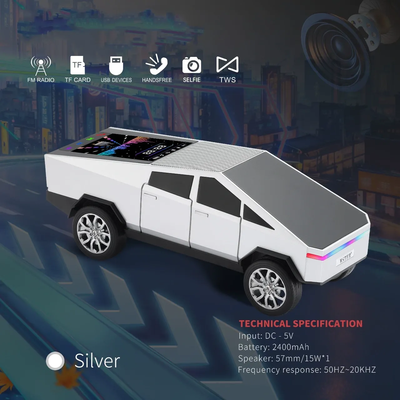 Cyberpunk Cars Portable Bluetooth Speaker Replica Car with Display Screen HD Sound TWS Pairing FM Radio Built-in Mic Remote Selfie Control LED Party Light Gift for Car Lovers