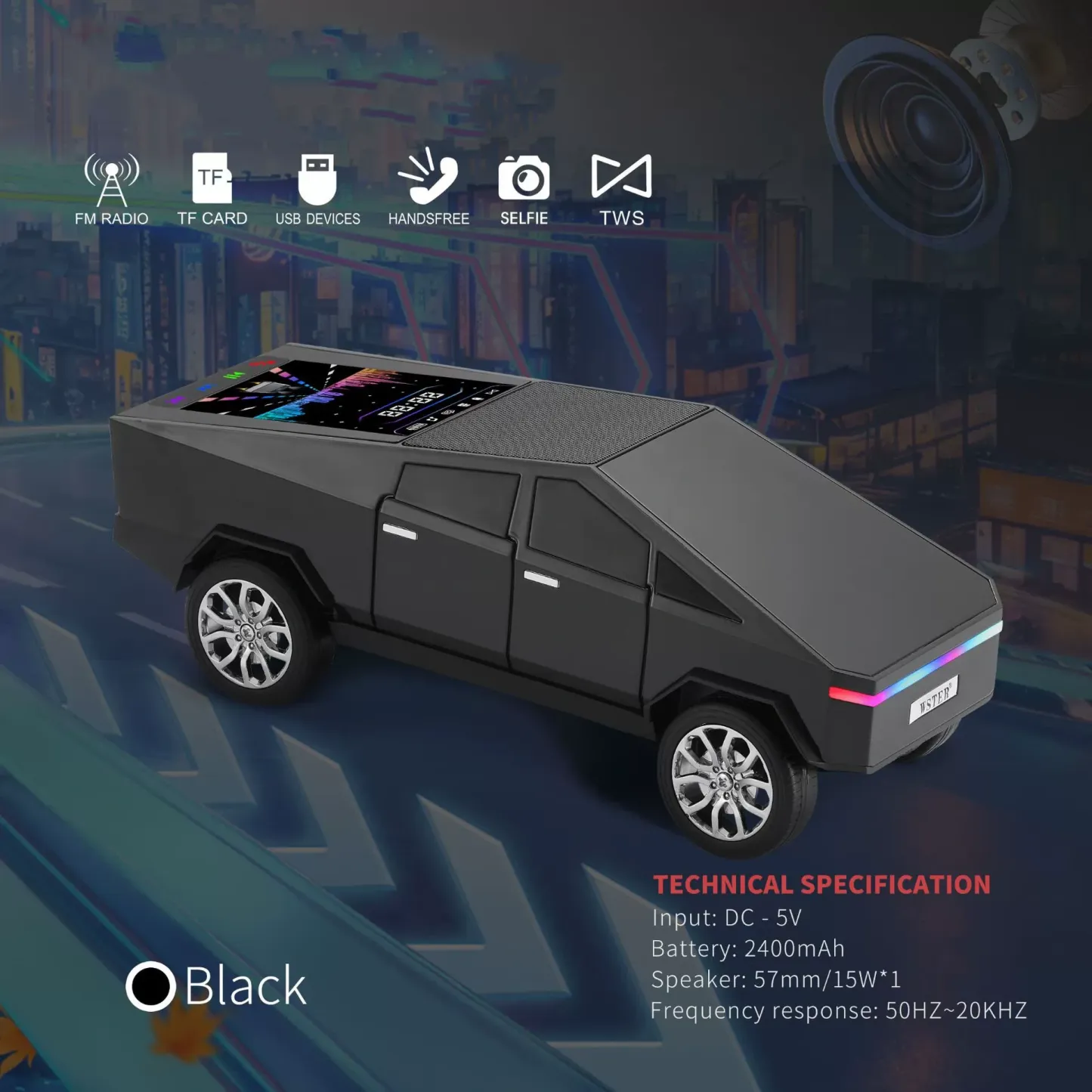 Cyberpunk Cars Portable Bluetooth Speaker Replica Car with Display Screen HD Sound TWS Pairing FM Radio Built-in Mic Remote Selfie Control LED Party Light Gift for Car Lovers