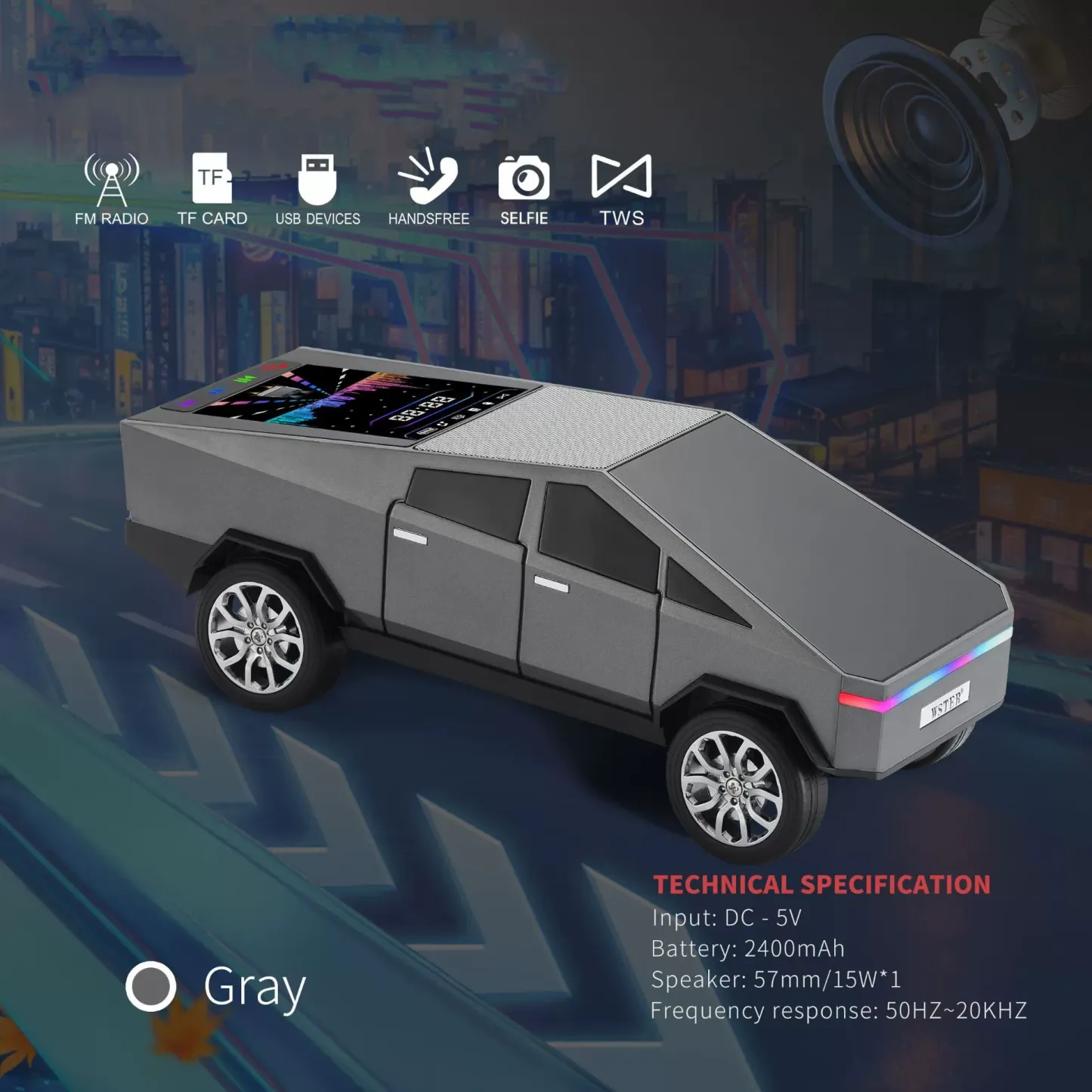 Cyberpunk Cars Portable Bluetooth Speaker Replica Car with Display Screen HD Sound TWS Pairing FM Radio Built-in Mic Remote Selfie Control LED Party Light Gift for Car Lovers