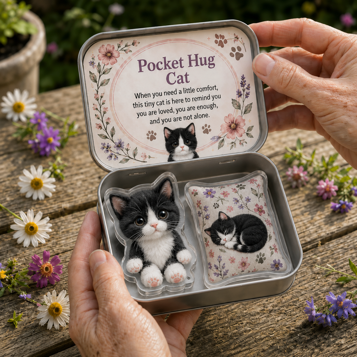 Pocket Hug Cat in Tin Box, Encouragement Comfort Gift, Thoughtful Present for Friends