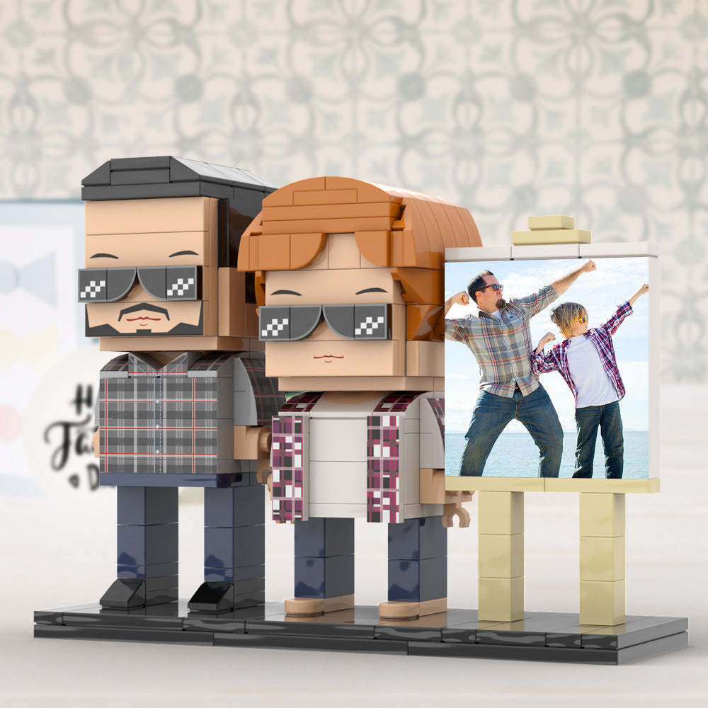 Full Body Customizable 2 People Daddy And His Son Have a Pose Towards Sun Photo Frame Personalized Custom Brick Figures Small Particle Block Toy Personalized For Father's Day - Get Photo Blanket