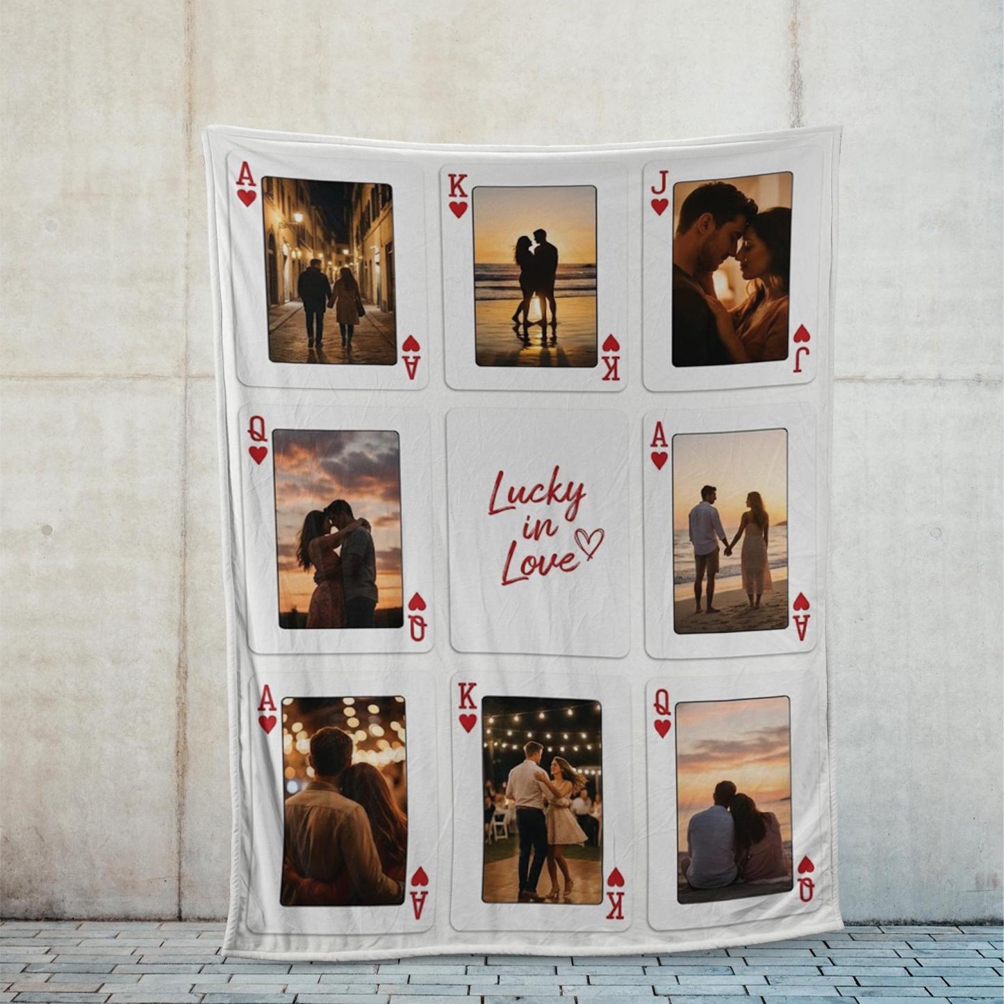 Personalized Playing Cards Fleece Blanket: Custom Photo Red Rose Valentine's Day Anniversary Gift