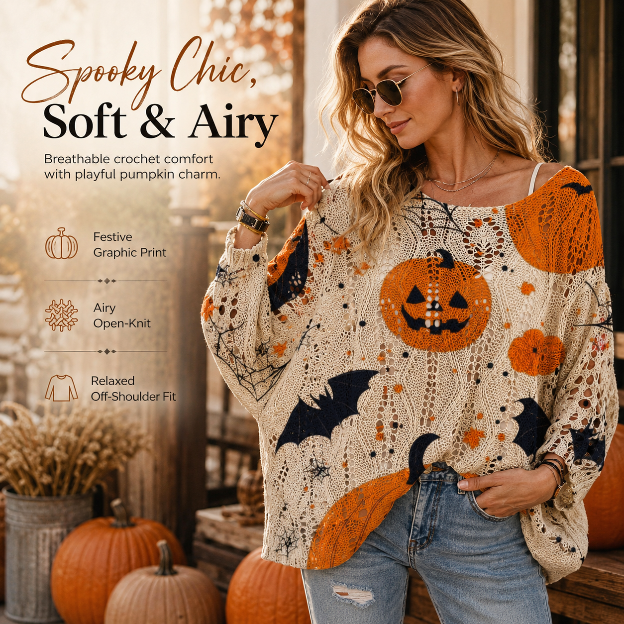 Halloween Pumpkin & Bat Open-Knit Sweater, Retro Relaxed Loose Fit for Fall Parties and Everyday Outfits