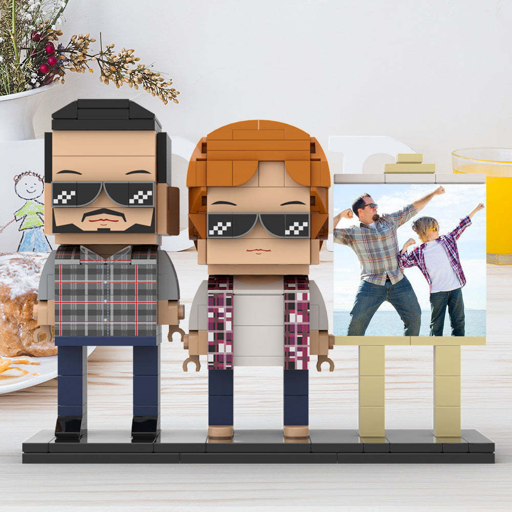 Full Body Customizable 2 People Daddy And His Son Have a Pose Towards Sun Photo Frame Personalized Custom Brick Figures Small Particle Block Toy Personalized For Father's Day - Get Photo Blanket