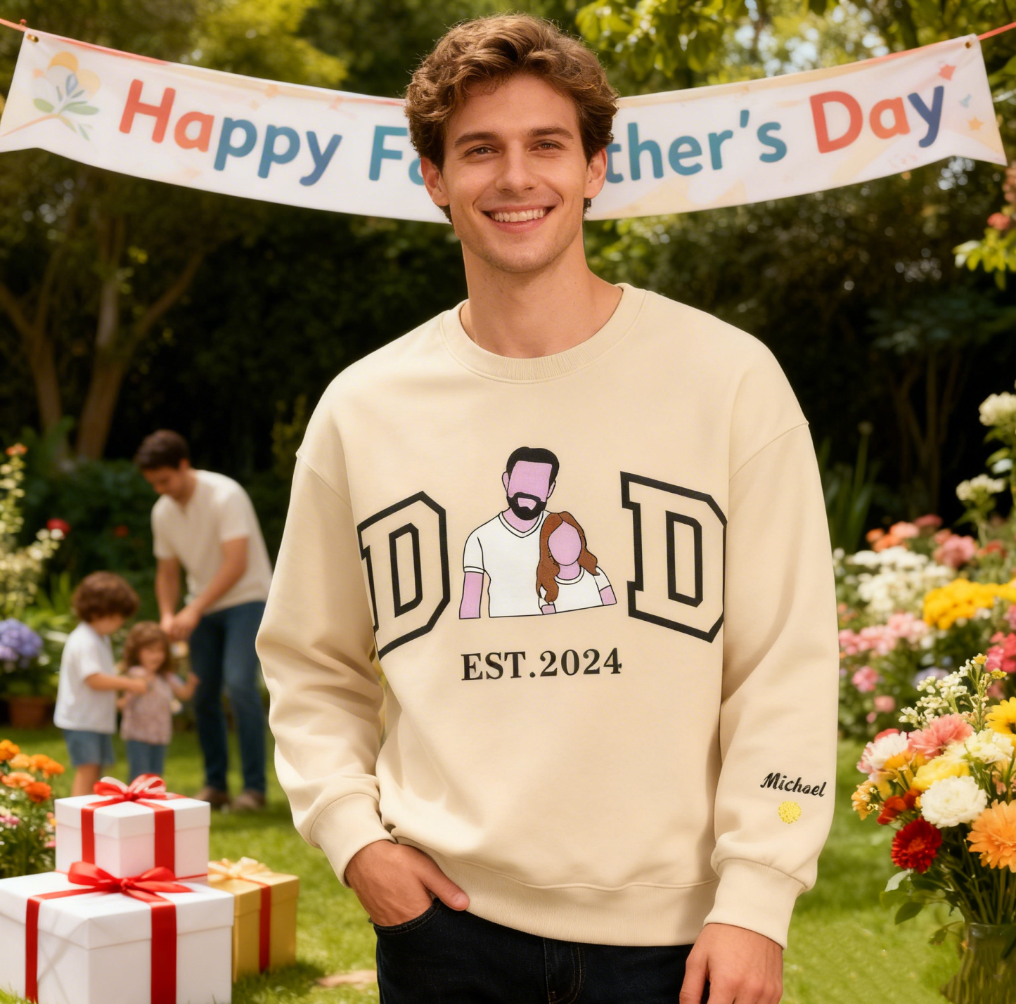 Personalized Sweatshirt with Embroidered Portrait for Dad – Father's Day Gift – Custom Gift with Embroidered Family Photo