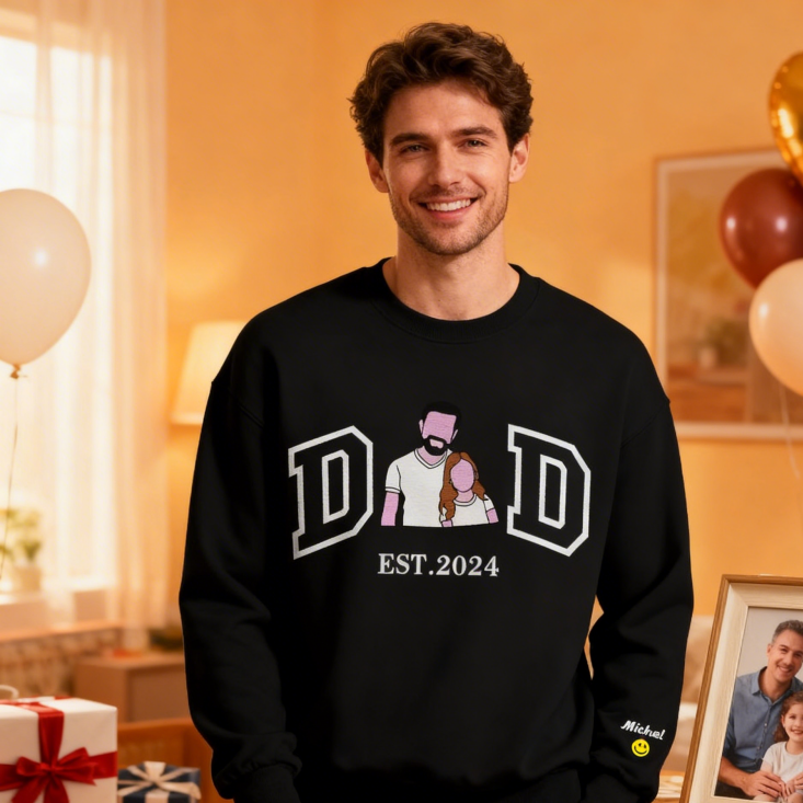 Personalized Sweatshirt with Embroidered Portrait for Dad – Father's Day Gift – Custom Gift with Embroidered Family Photo