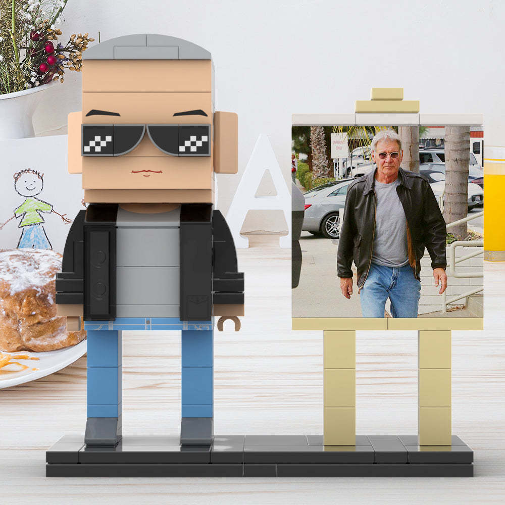 Full Body Customizable 1 Person Cool Grey Hair Daddy Street Photo With Classic Outfit Custom Brick with Frame Figures Small Particle Block Toy Brick Me Figures For Father's Day - Get Photo Blanket