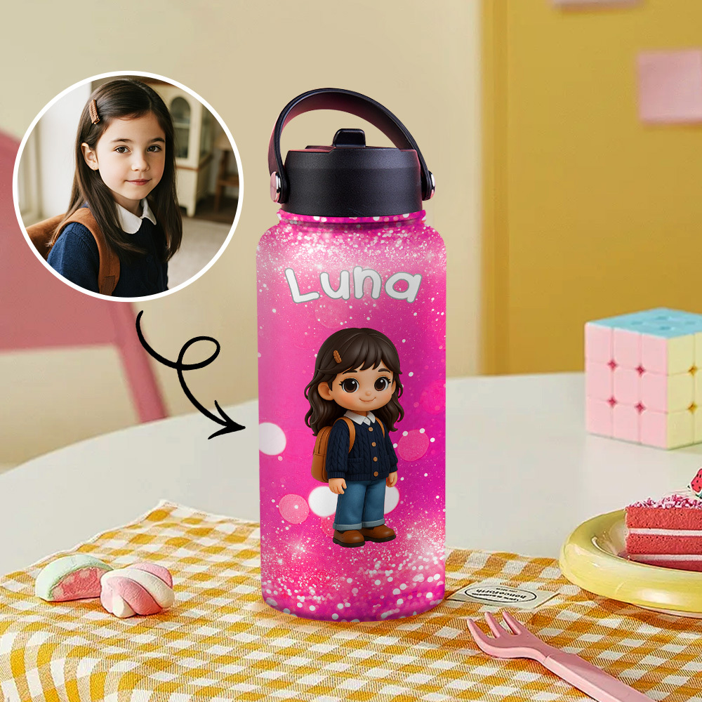 Custom Name Cartoon Kid Water Bottle, Stainless Steel Cup Birthday Gift for Kids - Get Photo Blanket