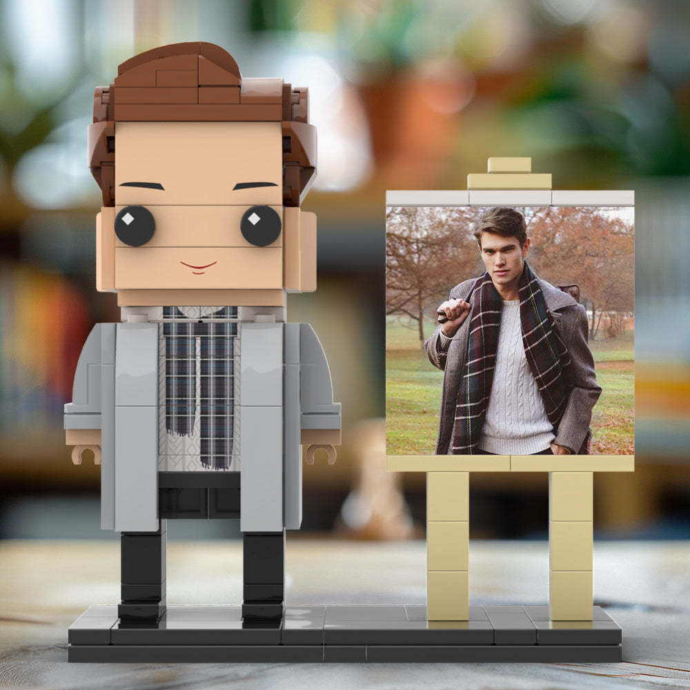 Full Body Customizable 1 Person Stylish Young Daddy With Scarf Custom Brick with Frame Figures Small Particle Block Toy Brick Me Figures For Father's Day - Get Photo Blanket