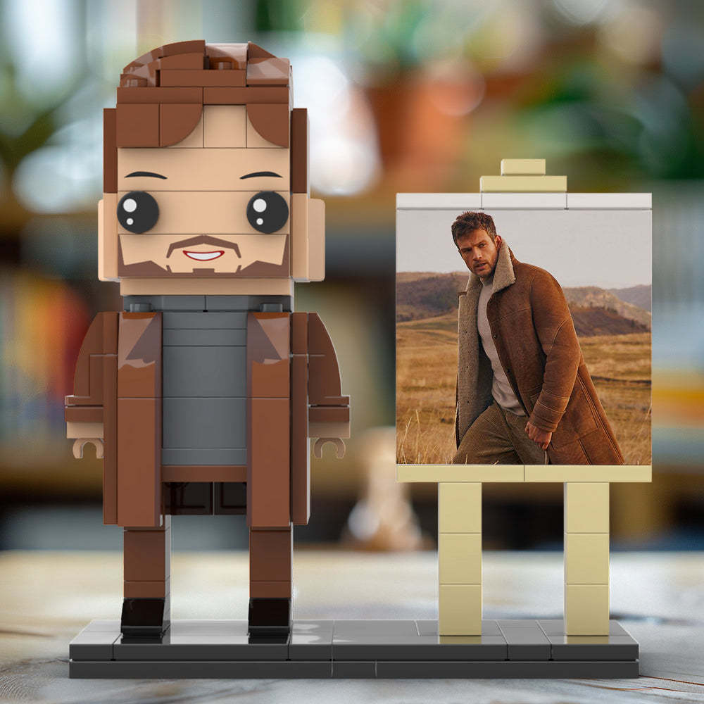 Full Body Customizable 1 Person Cool Young Daddy In Long Brown Coat Custom Brick with Frame Figures Small Particle Block Toy Brick Me Figures For Father's Day - Get Photo Blanket