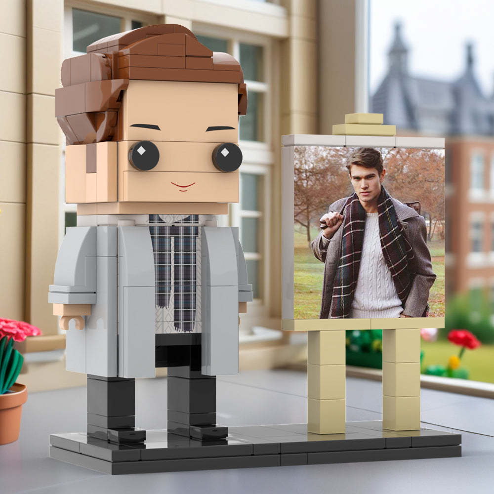 Full Body Customizable 1 Person Stylish Young Daddy With Scarf Custom Brick with Frame Figures Small Particle Block Toy Brick Me Figures For Father's Day - Get Photo Blanket