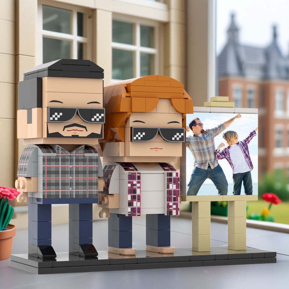 Full Body Customizable 2 People Daddy And His Son Have a Pose Towards Sun Photo Frame Personalized Custom Brick Figures Small Particle Block Toy Personalized For Father's Day - Get Photo Blanket