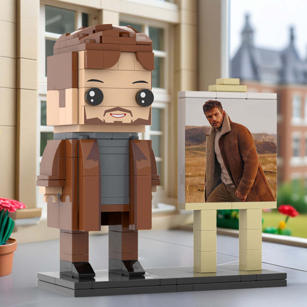 Full Body Customizable 1 Person Cool Young Daddy In Long Brown Coat Custom Brick with Frame Figures Small Particle Block Toy Brick Me Figures For Father's Day - Get Photo Blanket