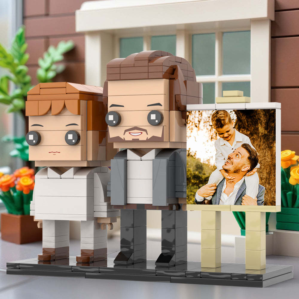 Full Body Customizable 2 People Little Son Sit On Daddy's Shoulder Photo Frame Personalized Custom Brick Figures Small Particle Block Toy Personalized For Father's Day - Get Photo Blanket