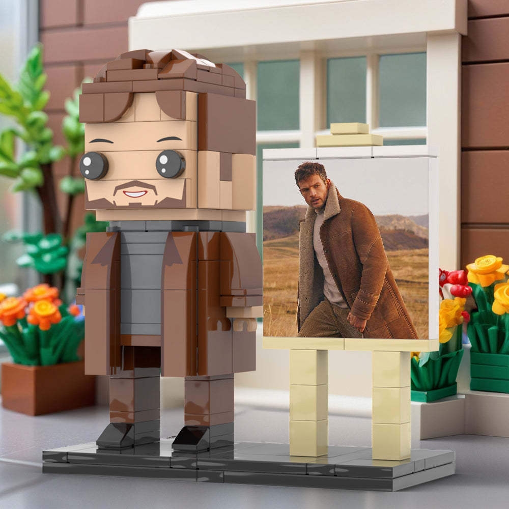 Full Body Customizable 1 Person Cool Young Daddy In Long Brown Coat Custom Brick with Frame Figures Small Particle Block Toy Brick Me Figures For Father's Day - Get Photo Blanket