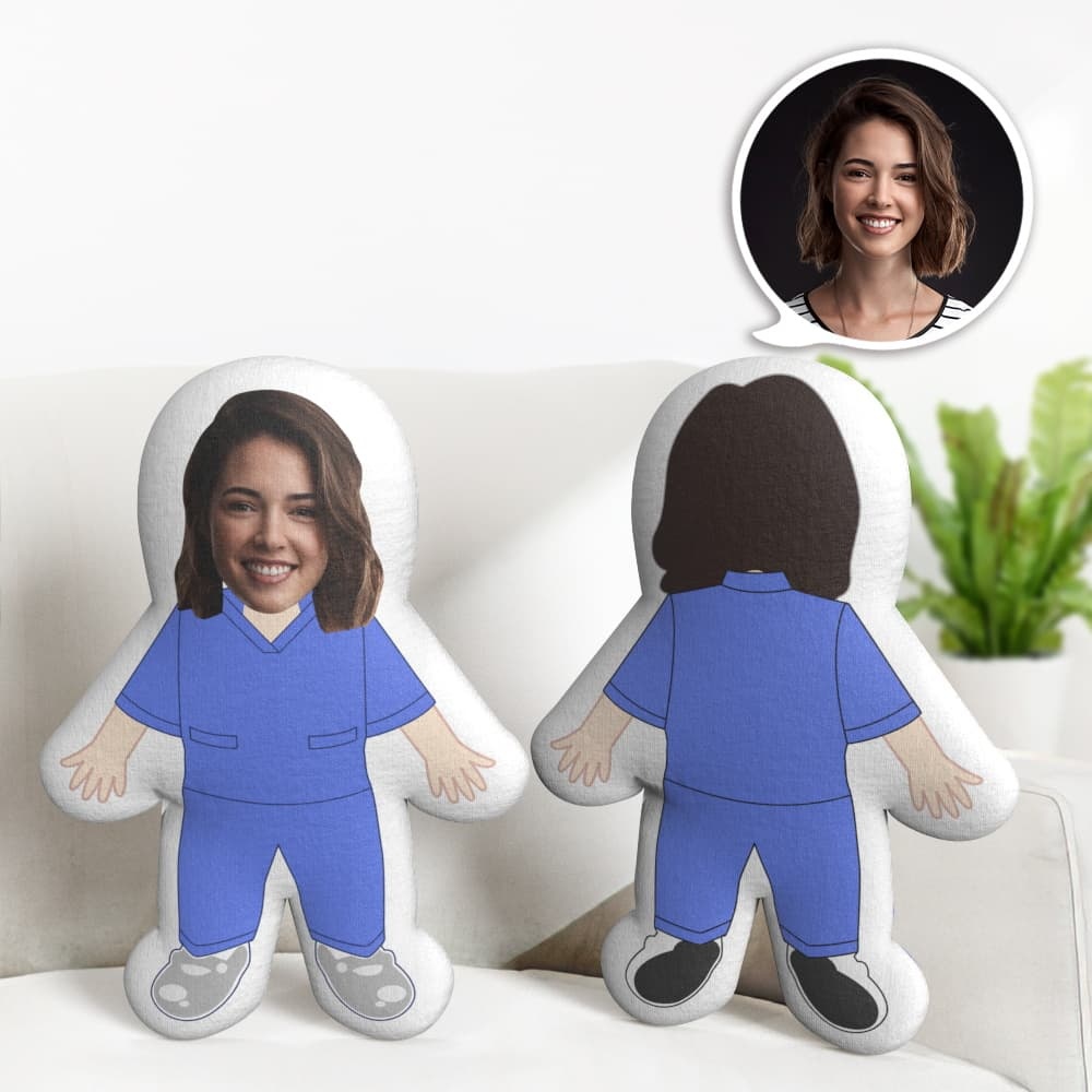 Custom Face Female Nurse in Blue Pillow Mini Me Doll Human Gift Personalized Face Doll Gift