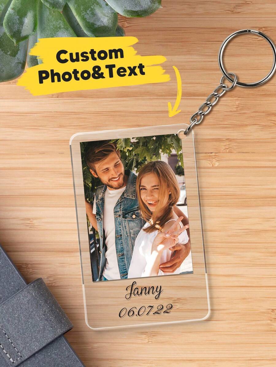 1pc Custom Couple Photo and Text Keychain, Custom Couple Piicture Keychain, Personalized Photo Keychain