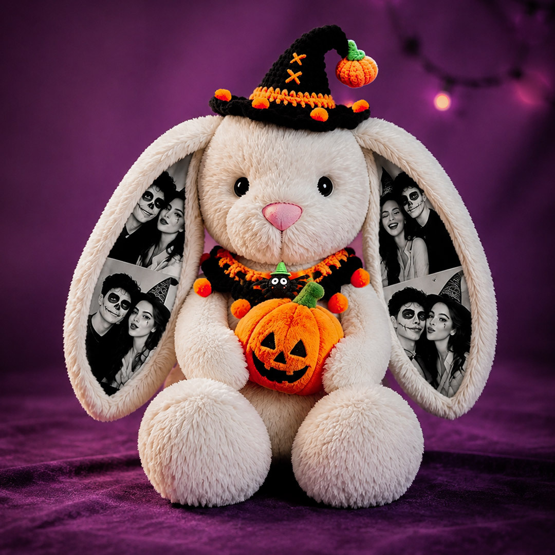 Custom Photo Halloween Plush Bunny, Personalized Photo Ears Rabbit Animal Stuffed Toy with Pumpkin & Witch Hat, Spooky Couple Gift for Halloween Decor - Get Photo Blanket