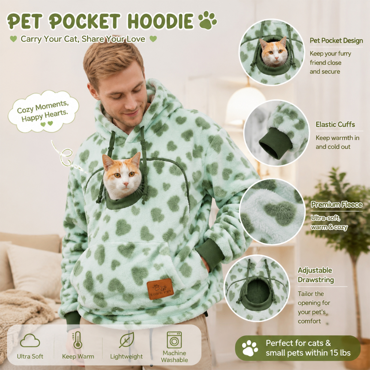 Pet Fleece Pocket Hoodie – Cozy Pullover with Oversized Front Pouch for Small Pets, Warm Casual Sweatshirt - Get Photo Blanket