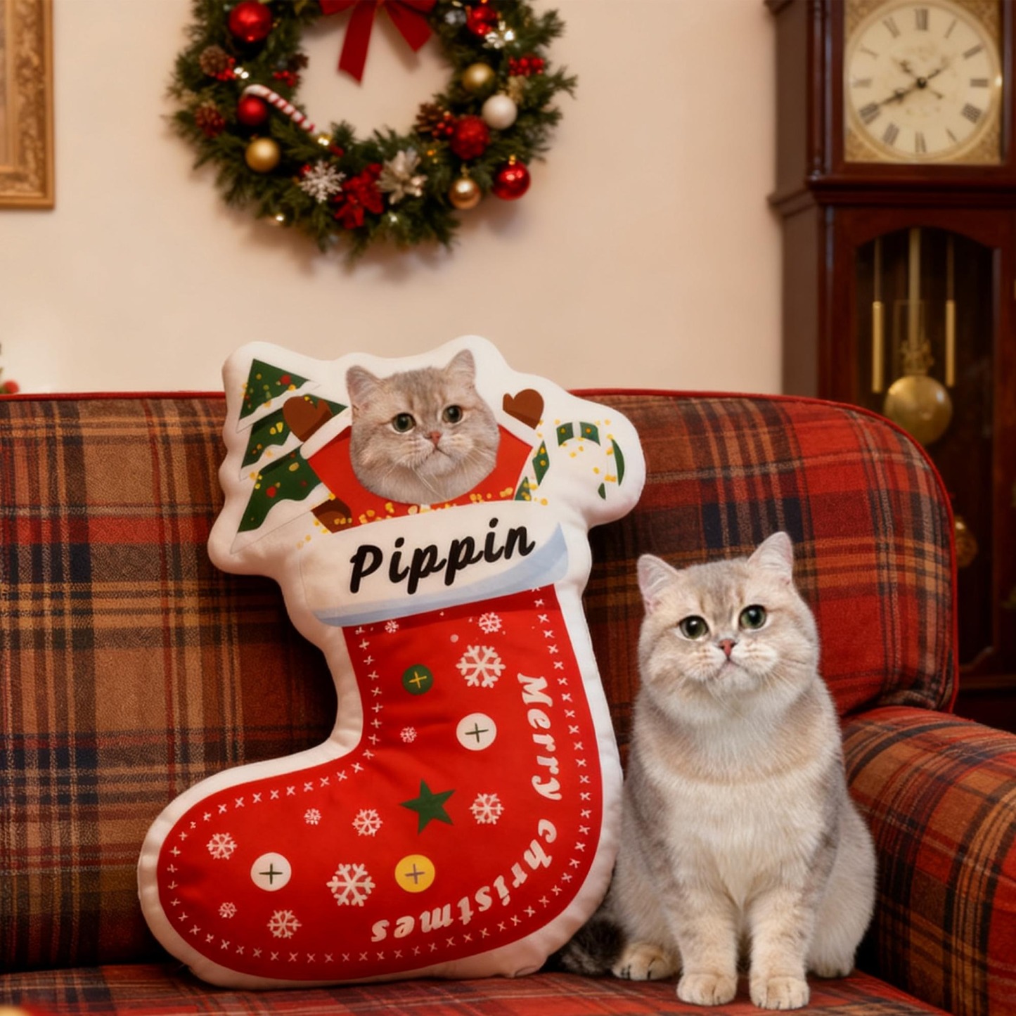 Custom Pet Christmas Stocking Pillow, Personalized Portrait & Name, Pet Face Cushion