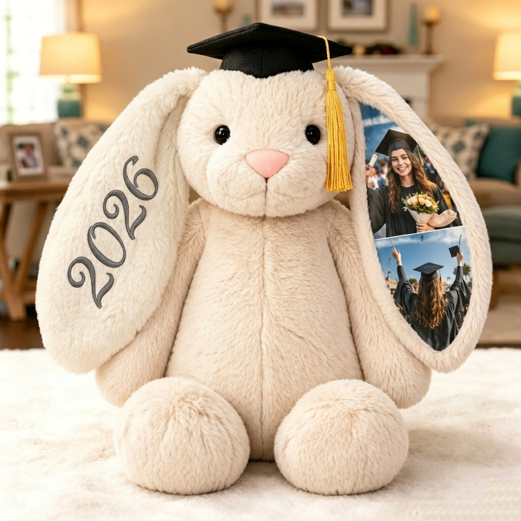 Custom Photo Bunny Plush, Personalized Hidden Ear Memory Bunny with Graduation Cap, Class of 2026 Gift - Get Photo Blanket