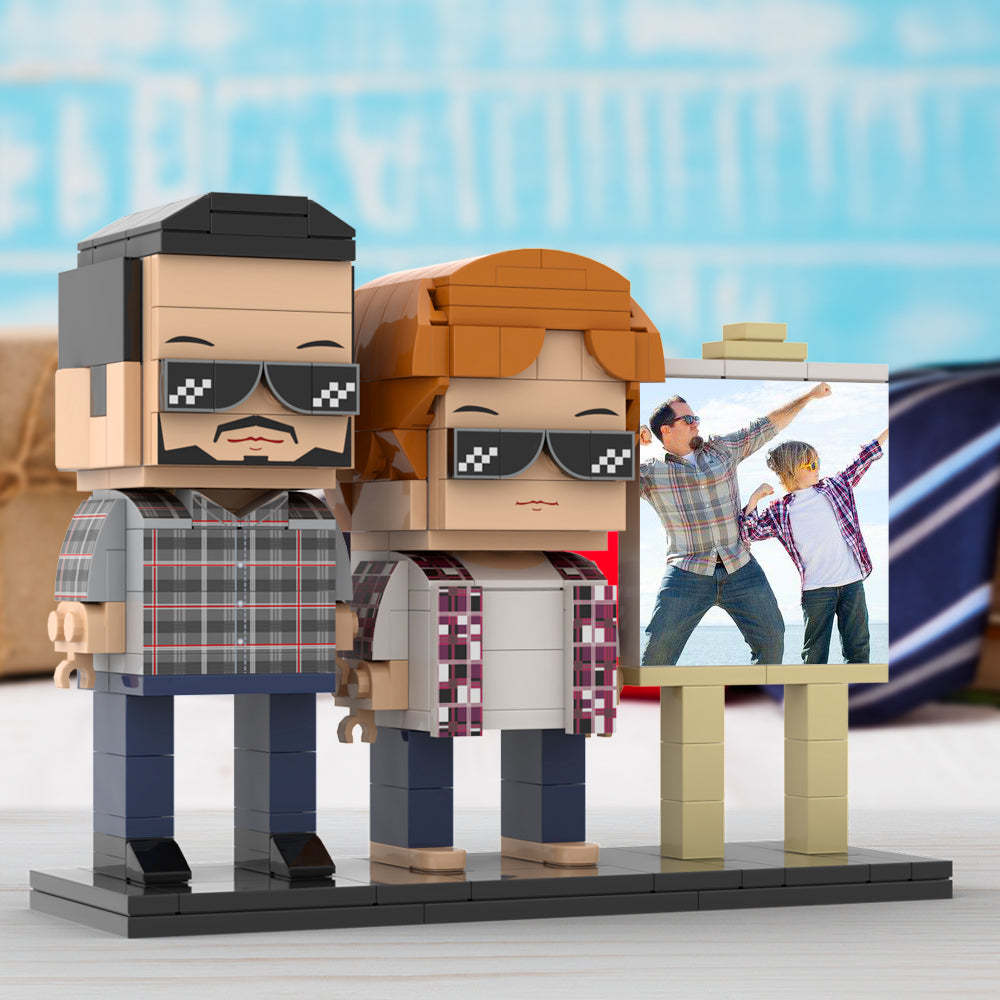 Full Body Customizable 2 People Daddy And His Son Have a Pose Towards Sun Photo Frame Personalized Custom Brick Figures Small Particle Block Toy Personalized For Father's Day - Get Photo Blanket