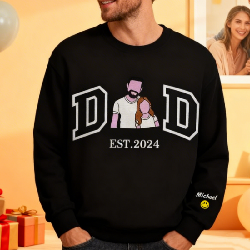 Personalized Sweatshirt with Embroidered Portrait for Dad – Father's Day Gift – Custom Gift with Embroidered Family Photo