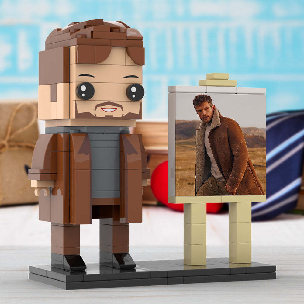 Full Body Customizable 1 Person Cool Young Daddy In Long Brown Coat Custom Brick with Frame Figures Small Particle Block Toy Brick Me Figures For Father's Day - Get Photo Blanket