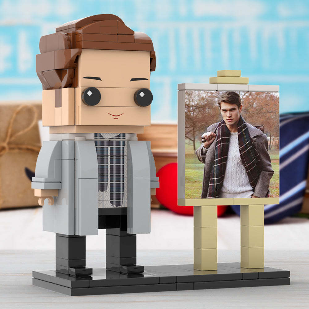 Full Body Customizable 1 Person Stylish Young Daddy With Scarf Custom Brick with Frame Figures Small Particle Block Toy Brick Me Figures For Father's Day - Get Photo Blanket
