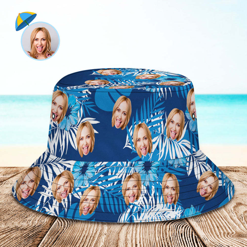Custom Bucket Hat Personalized Face All Over Print Tropical Flower Print Hawaiian Fisherman Hat - Blue Leaves-MyHawaiianShirts