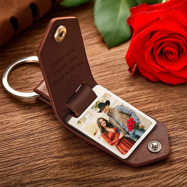 Custom Leather Photo Text Keychain Anniversary Gift For Couple