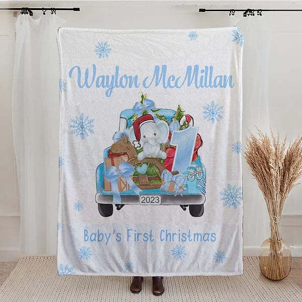 Baby's First Christmas Blanket Personalized Cute Animal on Gift Truck with Custom Name - Get Photo Blanket
